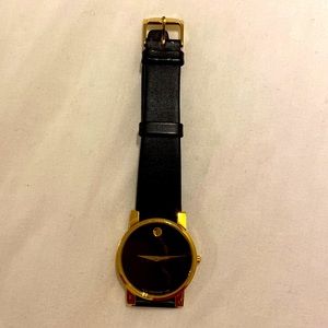 Movado Women’s Museum Swiss watch. Gold case, leather band, new battery.